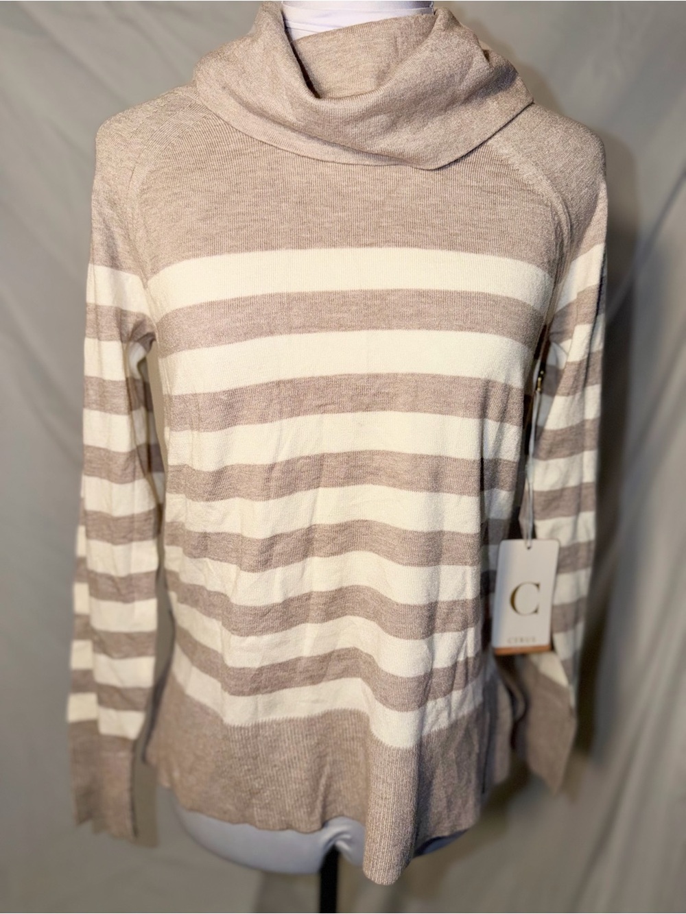 Cyrus Taupe and Cream Striped Cowl Neck Sweater
